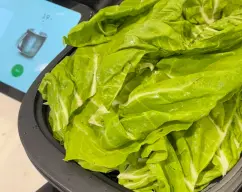 Step <p>Retire la penca de 8 hojas de acelga grandes, córtelas por la mitad a lo largo, retire la nervadura central y lávelas.</p> illustration