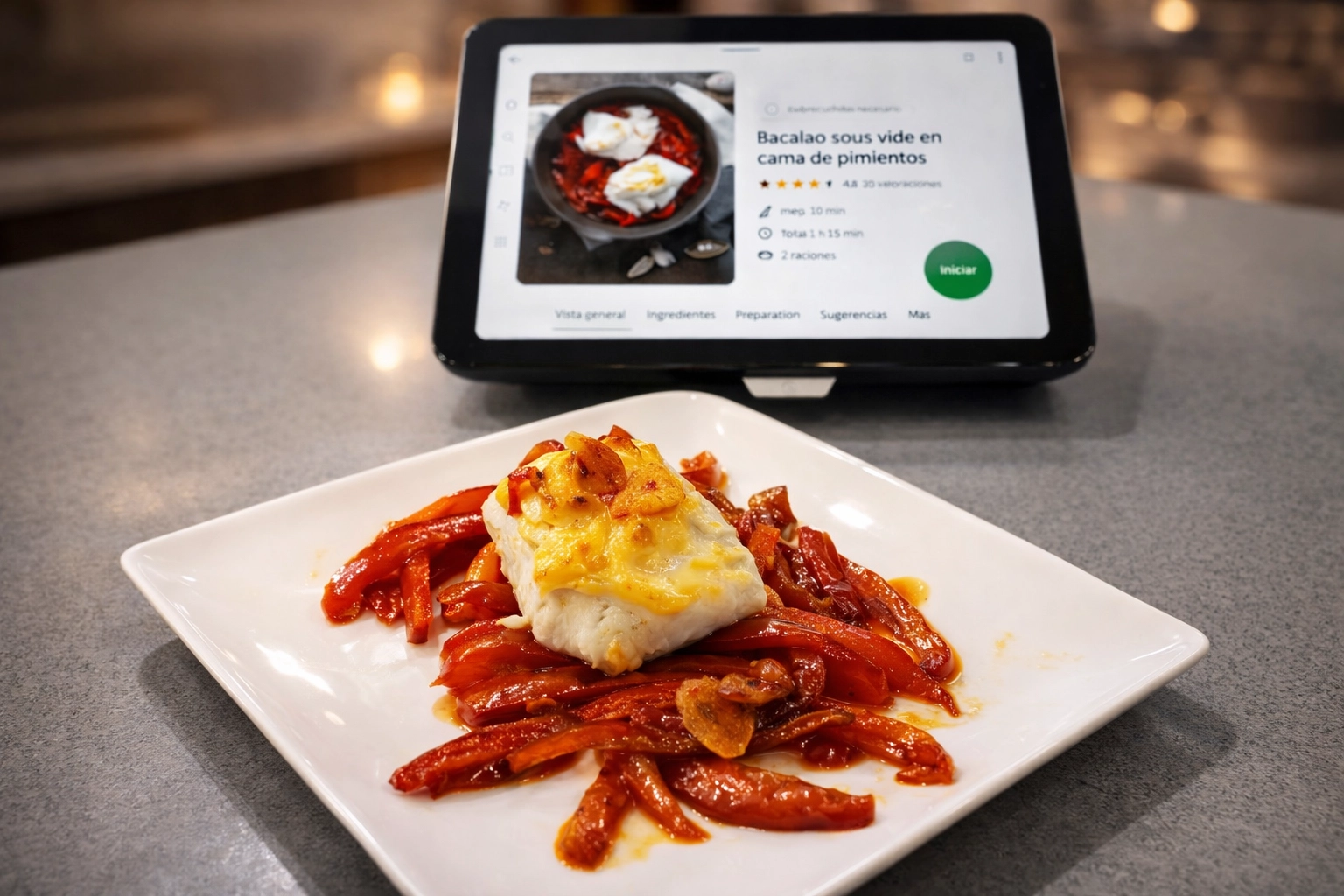 Bacalao sous vide en cama de pimientos