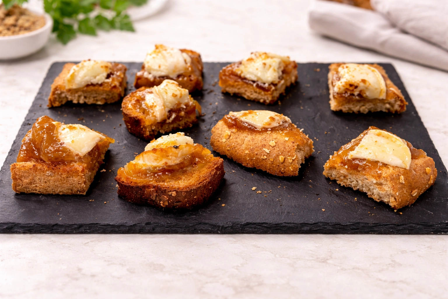 Tosta de chalota y pera caramelizada con queso de cabra