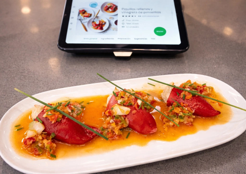 Piquillos rellenos y vinagreta de pimientos