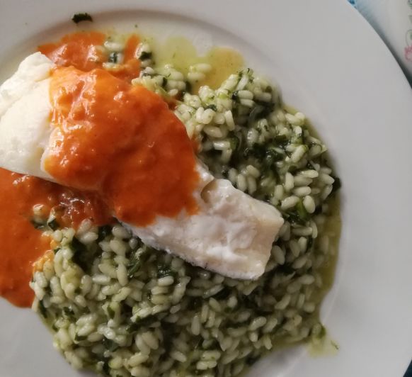 Receta de arroz: risotto verde con bacalao